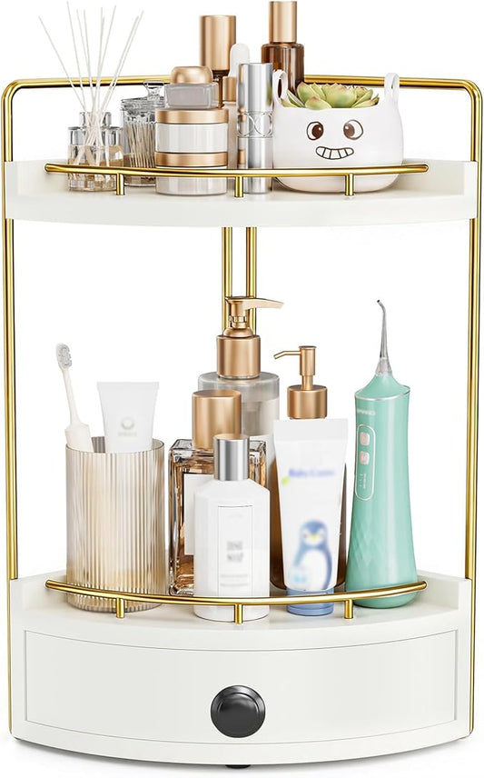 2-Tier Corner Bathroom Counter Organizer with Drawer & Embedded Screw Holes - Wooden Countertop Organizers for Skincare, Makeup Storage, Bathroom Sink Counter Shelf for Vanity, Kitchen, White Gold