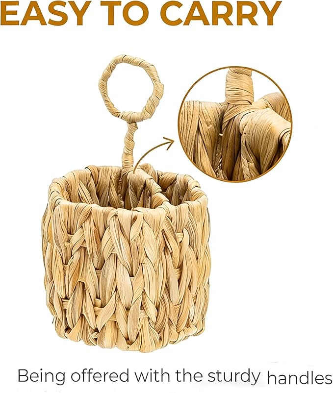 Hiceeden 2 Pack Woven Silverware Caddy with Handle, Natural Water Hyacinth Flatware Holder Organizer with 3 Compartments, Wicker Utensil Basket Cutlery for Kitchen Countertop, Picnic, Party, Hexagon