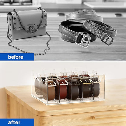 Large Acrylic Belt Organizer, Clear 10 Compartments Storage with Dust Cover, Display Holder