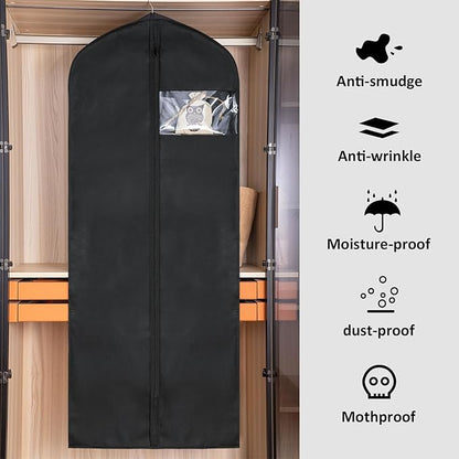 2 Pack 60"Garment Bags for Suits, Long Dress,Coats Lightweight Foldable with Travel Handle, Closet Storage and Travel-Friendly with Transparent Inner Bag Set, Black