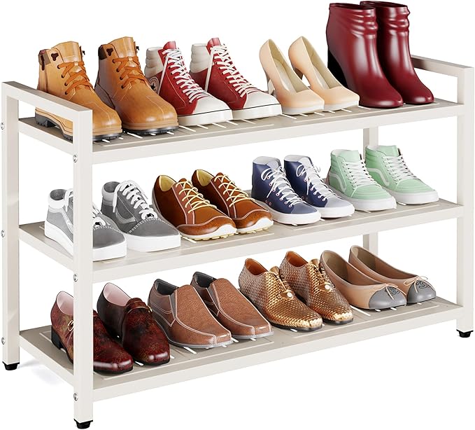 3-Tier Heavy Duty Metal Shoe Rack, 200 LBS Load Capacity, Sturdy Free Standing Shoe Storage Organizer, Holds 9-12 Pairs, 28.7" W x 9.8" D x 19.7" H White for Entryway, Closet, Bedroom & Dorm