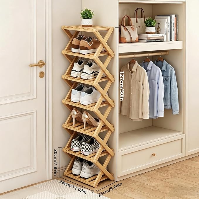 Narrow Shoe Rack, Foldable Bamboo Shoes Shelf for Small Spaces, Multifunctional Vertical Shoe Organizer Tall for Entryway, Closet, Corner, Bedroom, Hallway (Wood Color, 7 Layers)