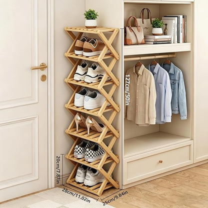 Narrow Shoe Rack, Foldable Bamboo Shoes Shelf for Small Spaces, Multifunctional Vertical Shoe Organizer Tall for Entryway, Closet, Corner, Bedroom, Hallway (Wood Color, 7 Layers)