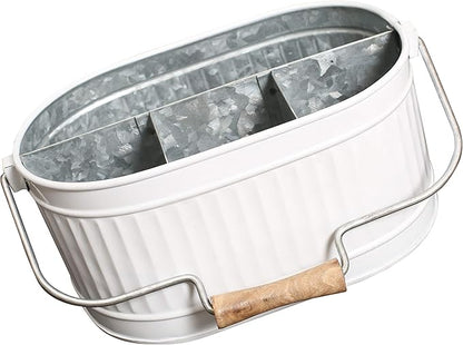 Alpha Living Home Rustic Heavy Duty Alloy Multi-Compartment Silverware Caddy - Metal Utensil Versatile All-in-One Organizer for Kitchen, Bathroom & Office Utensils, Flatware, and Accessories (White)