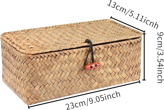 Moosky Wicker Shelf Baskets with Lid,Handwoven Seagrass Basket for Storage Basket Bins Rectangular Home Organizer Gift Boxes (Natural Small)
