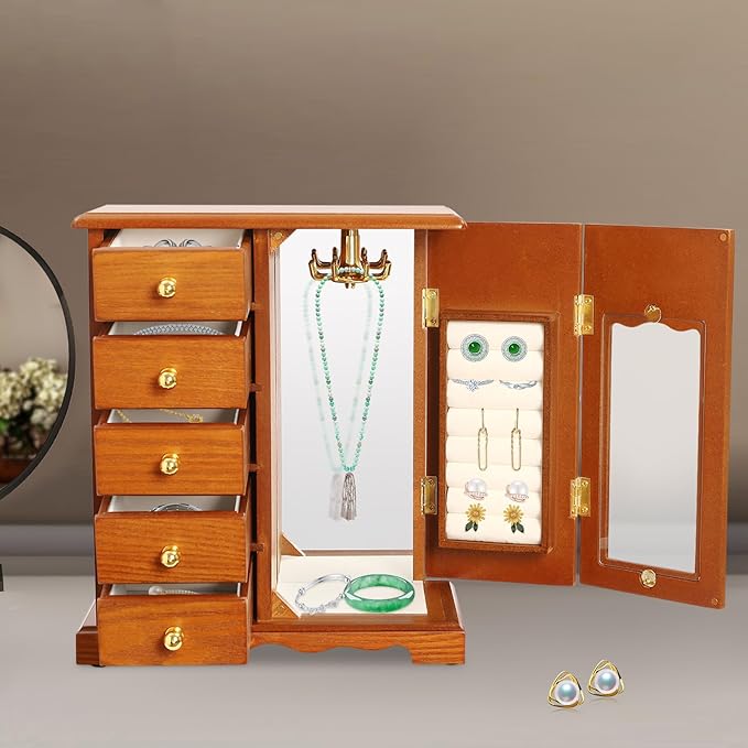 Wooden Jewelry Box, Jewelry Organizer with 5 Drawers, Large Storage Space Desktop Jewelry Storage Box with Anti-Slip Feet,for Organizing Necklaces, Bracelets, Earrings (Light Wood Color)