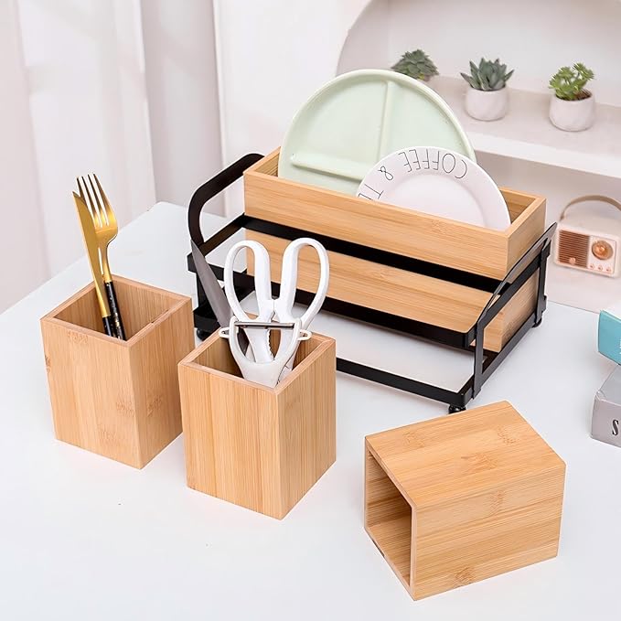 Silverware Caddy Wood Utensil Holder Paper Plate Dispenser Diningware storage box Cutlery Flatware Organizer Box for Spoons Forks Plates Napkins