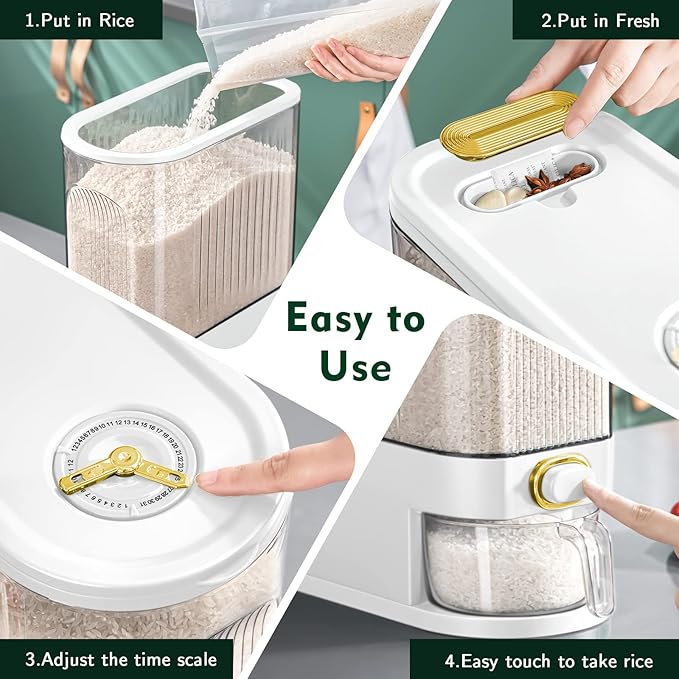 Lenwi 22 Lbs Rice Dispenser, Large Dry Food Storage Container with with Measuring Cup & Time Scale, Food Dispenser Kitchen Organization and Pantry Store for Cereal Dry Food (White)