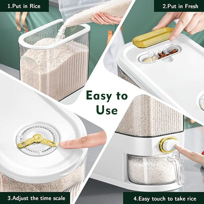 Lenwi 22 Lbs Rice Dispenser, Large Dry Food Storage Container with with Measuring Cup & Time Scale, Food Dispenser Kitchen Organization and Pantry Store for Cereal Dry Food (White)