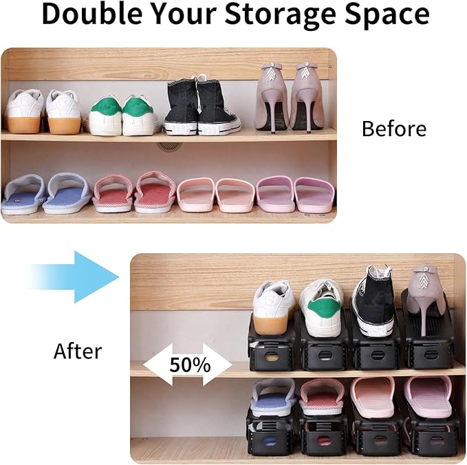 Antigo Shoe Slot Organizer 20Pack - Adjustable Shoe Stacker for Closet Storage, Space Savers 50%, Double Layer Stackable Shoe Holder Rack for Sneakers Heels and Flat(Black)