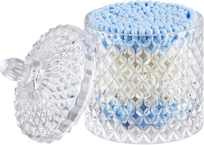 ALAMHI Q tip and Cotton Ball Holder Glass Apothecary Jar with lid, Small Bathroom Vanity Organizer and Storage Qtip Jar for Aesthetic Room Decor