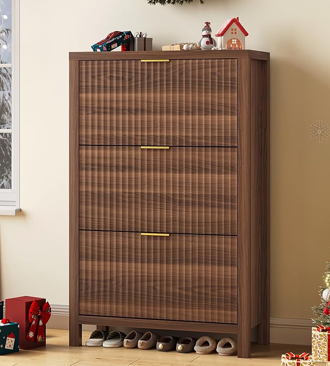 YOMILUVE Shoe Cabinet Storage for Entryway, Fluted Shoe Cabinet with 3 Flip Drawers, Hidden Shoe Rack Tall Freestanding Shoe Organizer with Legs for Hallway, Walnut