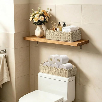 Upgraded Scalloped Wicker Toilet Paper Storage Basket, Handwoven Paper Rope Organizer for Toilet Tank & Shelves, Living Room, Bedroom & Entryway, Decorative Woven Bin, Beige L