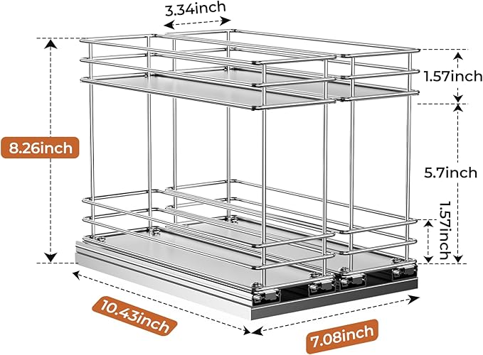 Mystozer Pull Out Spice Rack Organizer for Cabinet, Slide Out Spice Racks, Easy to Install, 7.08" Wx10.43 Dx8.26 H, 2 Drawers 2 Tiers(Silver)