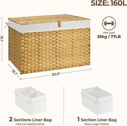 Greenstell Storage Basket with Lid, 160L Large Wicker Basket with Lid, Handwoven Blanket Storage Basket with Handles, Removable Cotton Liner, Metal Frame, Foldable for Bedroom, Laundry Room, Natural