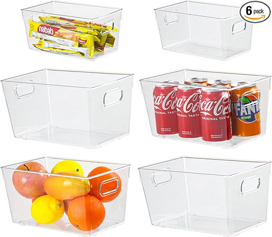 ZEXALOR 6pcs Plastic Storage Bin 2-Size Clear Storage Containers for Kitchen Pantry Organization and Storage Bins, Organizing Bins with Built in Handles, Cabinet Organizers, Clear