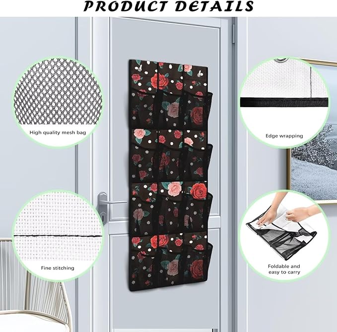 Rose Over the Door Shoe Organizer,Shoe Organizer Door Hanger with 12 Mesh Large Pockets,Space Saver,Unique Print