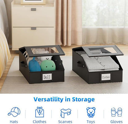 Simple Trending Hat Organizer for Baseball Caps, 2PCS Stackable Storage with Clear Window Lid,Hat Box for Closet, Holds up to 24 Caps Hat Organizer for Closet,Black