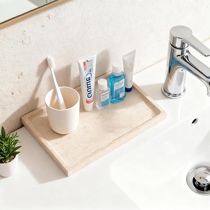Real Luxurious Natural Travertine Tray - 12x8 Inch Marble Vanity Tray for Perfume Display, Jewelry Organizer, Bathroom & Home Decor -Heavy Duty Non-Slip Stone Tray (Non-Resin/Non-Ceramic)
