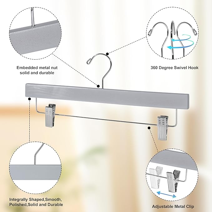 Quality Hangers Wooden Pants Hangers - 100-Pack Swivel Hook Cloth Hanger Set - Lotus Wood Skirt, Pant, Shorts and Slack Hangers with Adjustable Clip – Grey Clothing Hanger Set (Gray, 100)