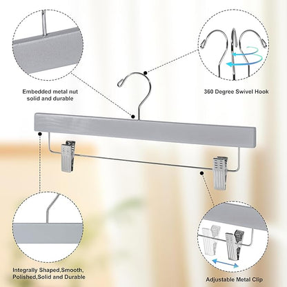 Quality Hangers Wooden Pants Hangers - 100-Pack Swivel Hook Cloth Hanger Set - Lotus Wood Skirt, Pant, Shorts and Slack Hangers with Adjustable Clip – Grey Clothing Hanger Set (Gray, 100)