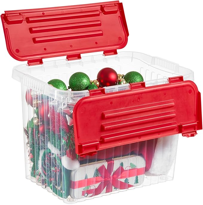 Superio Red Storage Box with Red Hinged Lids, Plastic Container Bins for Organizing with Attached Lid, Stackable Crates, BPA Free, Organizers for Home and Office, 27.5 Quart (17"x11.65"x12.25)