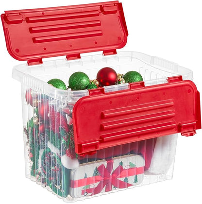 Superio Red Storage Box with Red Hinged Lids, Plastic Container Bins for Organizing with Attached Lid, Stackable Crates, BPA Free, Organizers for Home and Office, 27.5 Quart (17"x11.65"x12.25)