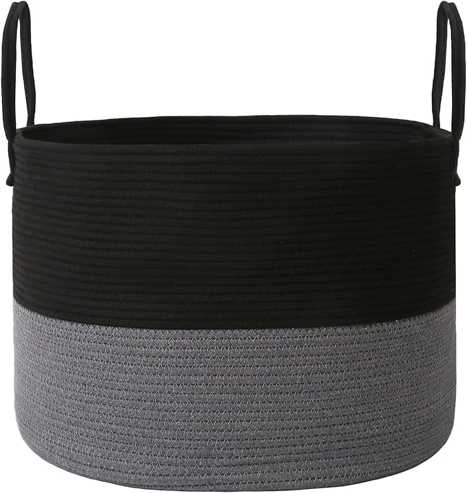 JMvicyroam 65L Extra Large Blanket Basket for Living Room - Woven Cotton Rope Laundry Hamper with Reinforced Handles - Storage Bin for Pillows, Comforters & Toys - Machine Washable,Black&Grey