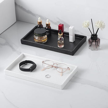 Bathroom Vanity Tray - 11'' Ceramic Rough-Textured Rectangle Countertop Tray, Heavy-Duty Perfume Organizer Plate, Jewelry Ring Tray, Kitchen Soap Dispenser Stone Trays, White