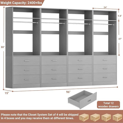 Besiost Closet System Set of 4, 8FT Closet Systems with 12 Wood Drawers, 96" Closet Organizer System with 4 Hanging Rods & 4 Shelves, Heavy Duty 96 Inch Walk-in Closet, Grey (96"L x 15" W x 80" H)