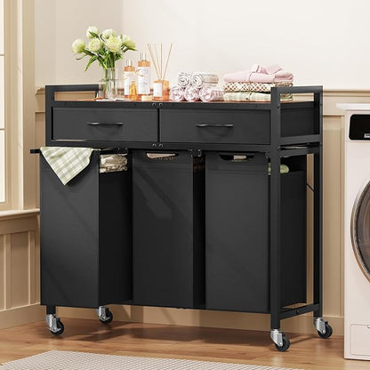 Laundry Sorter 3 Section, 120 L Laundry Hamper with 2 Drawers & 2-tone Top Panel, Rolling Laundry Basket Organizer with Pull-Out Removable Oxford Fabric Bags for Laundry Room Organization UNZYL006BVV3