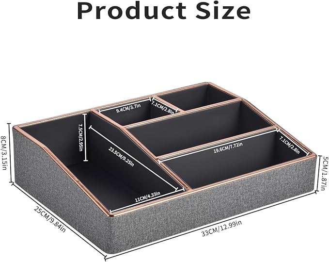 PU Leather Makeup Organizer Tray,Large Vanity Organizer,Cosmetic Storage Box for Lipstick Brushes Skincare Perfume,Cosmetic Display Case Rose Gold-trimmed for Dresser,Bathroom Countertop(Grey)