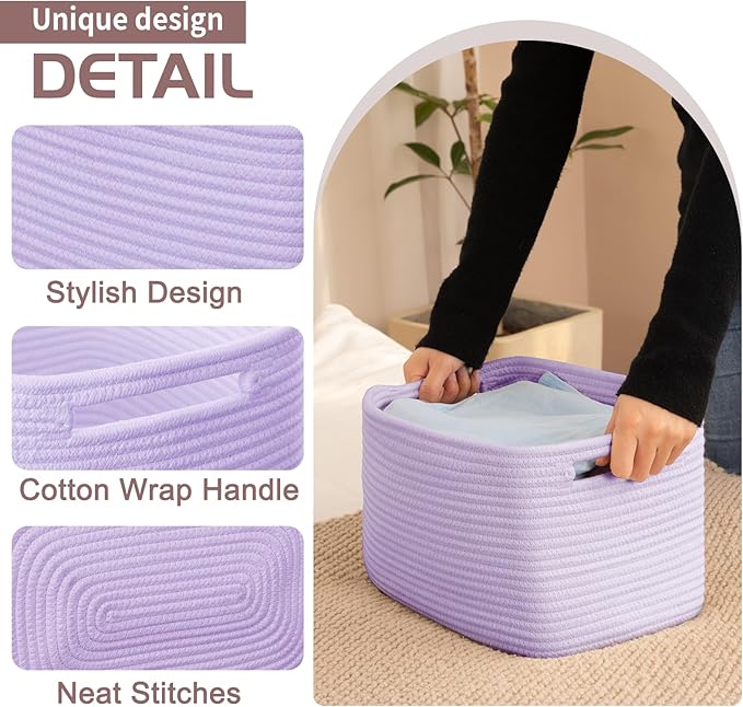 OIAHOMY 4 Pack Storage Baskets for Organizing, Cube Storage Bins for Shelves, Rectangle Storage Baskets With Handles, Woven Baskets for Storage, 12.7''Lx9''Wx7.8''H, Purple
