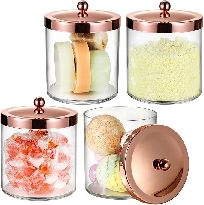 SheeChung 4 Pack 50 Oz Large Apothecary Jar with Rose Gold Rust-Proof Lid - Shatterproof Plastic Laundry Pods Container - Chic Rose Gold Bathroom & Vanity Storage Organizer for Scent Beads, Salts