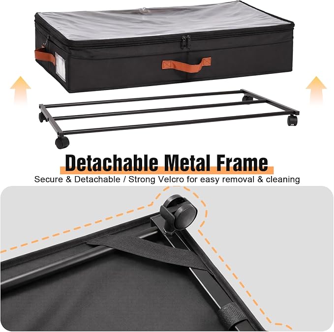 AVOKIHI 2 Pack Under Bed Storage with Wheels (Adjustable Height 7.9"-9.5"), 75L Rolling Underbed Storage Containers, Collapsible Metal Frame & Washable Fabric Drawer for Clothes, Shoes, Blankets