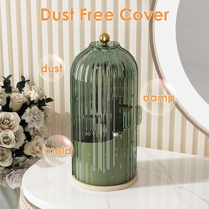 YOOLENS Makeup Brush Holder with Lid 360 Rotating Clear Dustproof Make Up Organizers for Vanity Bathroom Countertop, Green Beige