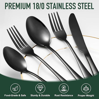 21-Piece Modern Black Silverware Set with Organizer Tray Stainless Steel Eating Utensil Sets Kitchen Knives Forks and Spoons Cutlery Set Heavy Duty Tableware Flatware Sets for 4, Dishwasher Safe
