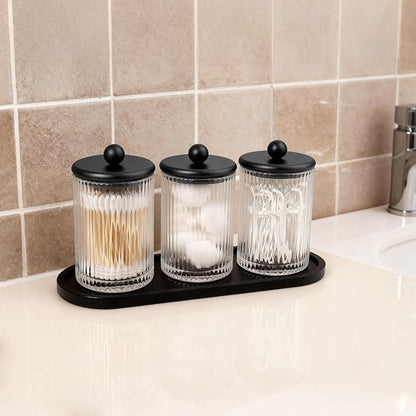 SheeChung 3-Pack Qtip Holder, Apothecary Jars with Bamboo Tray - Modern Industrial Bathroom Organizer Set for Cotton Rounds, Swabs & Flossers - Minimalist Vanity Storage Canister (Matte Black Glass)