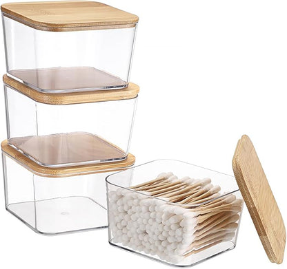 Hipiwe 4 PCS Apothecary Jars Clear Qtip Holder with Lid Small Bathroom Dispenser Set Cotton Swab Organizer Square Bathroom Accessories Storage Canister