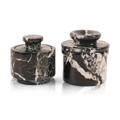Marble Butter Keeper and Salt Cellar Set, Black Zebra Marble Kitchen Counter Containers for Butter, Seasoning & Condiments, Home & Kitchen Décor