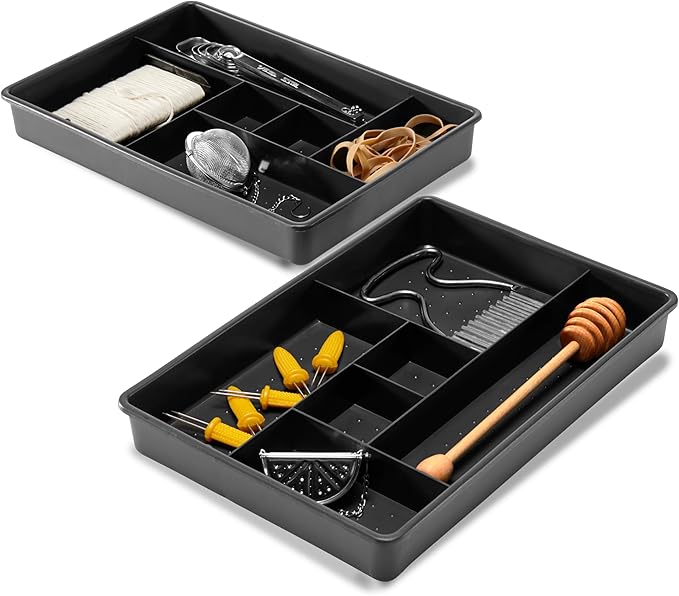 madesmart Two-Piece Drawer Organizer, 12-Compartment Drawer Storage for Utensils, Tools & Household Essentials, Durable Non-Slip Design, Carbon