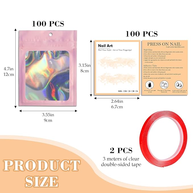202pcs Press on Nail Packaging Bag, 100pcs Empty Holographic Nail Storage Bag and 100pcs Instruction&Display Black Cardboard with 2 Roll Transparent Tape for Nail Display Profession Salon(Pink, 100)