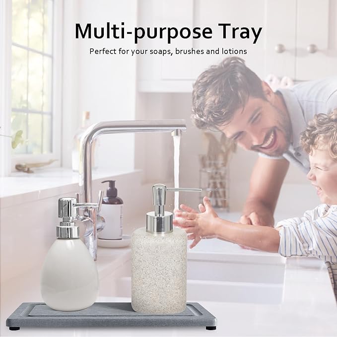 2 PCS Water Absorbing Stone Trays for Bathroom Sink & Kitchen Counter, Fast-Drying Diatomite Sink Coasters, Vanity Tray, Hand Soap Holder with Anti-Skid Pads (9.5" x 4.7" Gray)