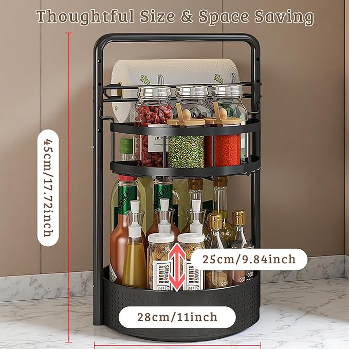 Rotating Spice Rack with Paper Towel Holder, 2 Tier Turntable Lazy Susan, Seasoning Organizer for Kitchen Countertop Cabinet, Black