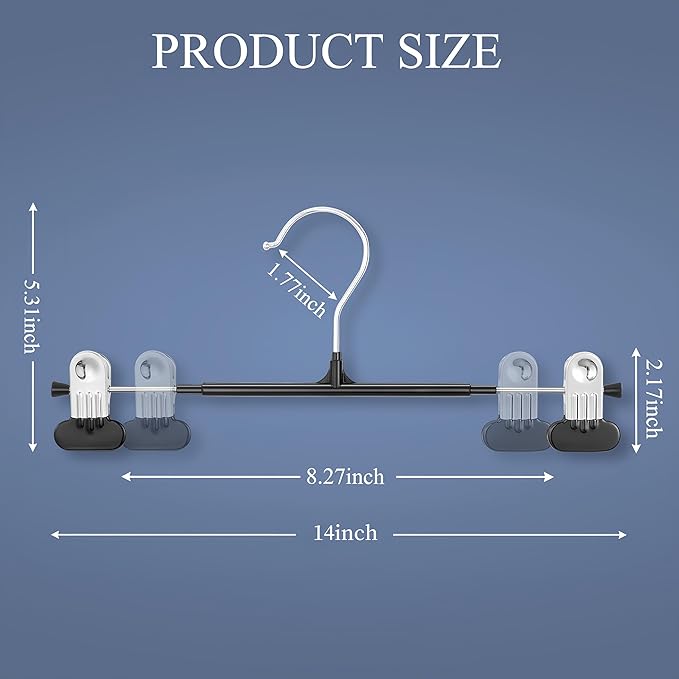 14Inch Clothes Pants Hangers with Wide Clips 20 Pack,Non-Slip Adjustable Skirt Hanger for Women,Space-Saving Heavy Duty Men Hangers for Pants,Trousers,Jeans,Shorts,Black