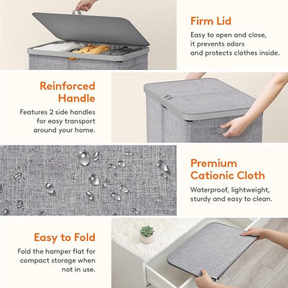 Lifewit 165L Large Laundry Basket with Lid, Laundry Hamper with Plastic Handles and Removable Bag, Foldable Tall Dirty Clothes Hampers for Laundry for Laundry Room, Bedroom, Bathroom, Dorm, Light Gray