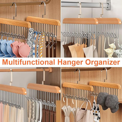 2 Pack Belt Hanger with 16 Hooks, Non-Slip Wooden Skid-Proof Belt Holder, Space-Saving Rotating Display Rack for Belts, Tops, Hats