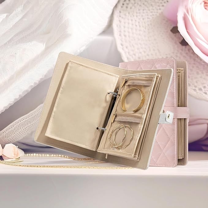 Jewelry Book Organizer - Leather Travel Jewelry Case with 5 Detachable Pages for Necklaces, Rings, Earrings, Tangle-Free, Giftable (Pink jewelry bag (including a five-page cloth bag))