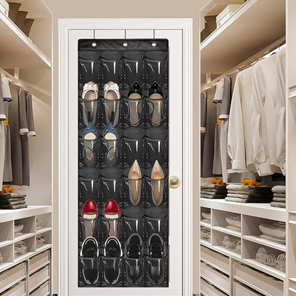 24 Pockets Over The Door Shoe Organzier, Hanging Shoe Rack for Door Large Capacity Shoe Organizer Holder with 3 Metal Hooks Black