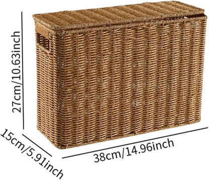 Nesting Rectangle Wicker Basket with Lid, Narrow and Tall Storage Box, Lightweight Decorative Storage Bin with Handle, Hand-Woven Magazine Holder for Bedroom Study Small Corner, S